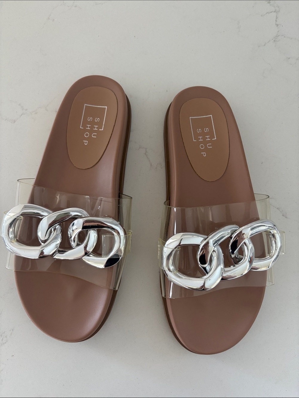 ShuShop Brown Slide Sandals with Clear Strap and Silver Chain